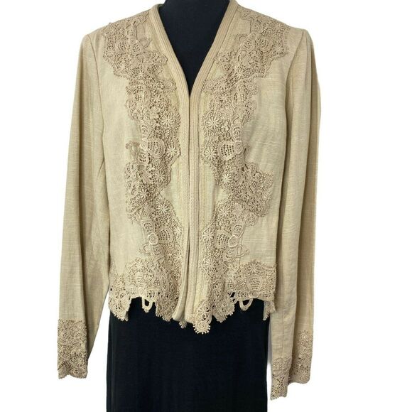 Vintage Coldwater Creek Cream Linen Blend Applique Lace Blazer Med - Picture 1 of 4
